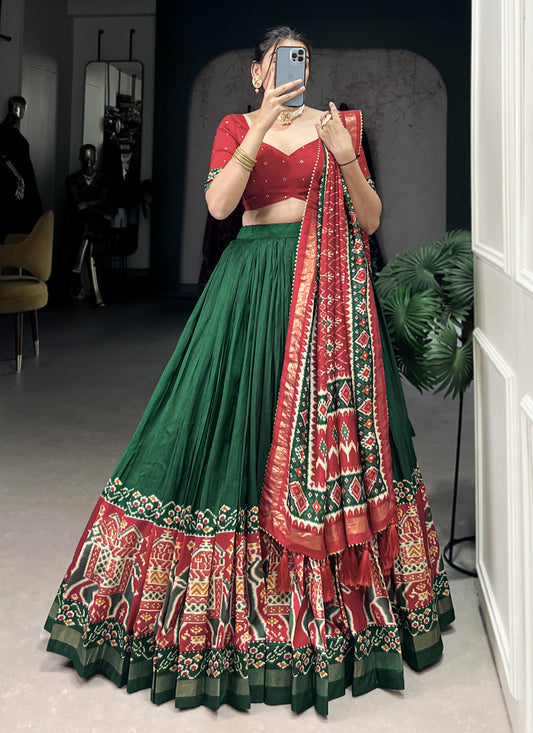 Green Tussar Silk Patola Printed Navratri Special Chaniya Choli