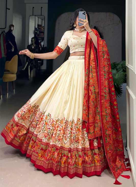 White & Red Tussar Silk Printed Navratri Special Chaniya Choli