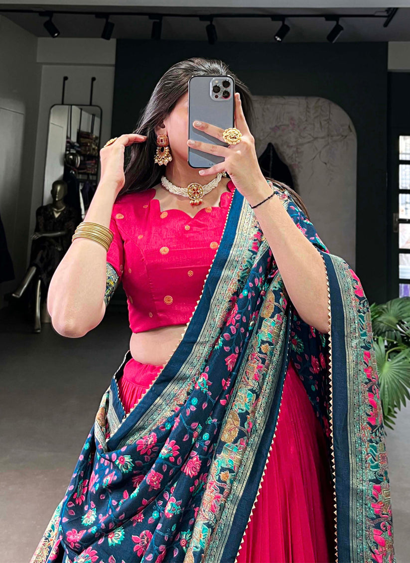 Pink Tussar Silk Printed Navratri Special Chaniya Choli