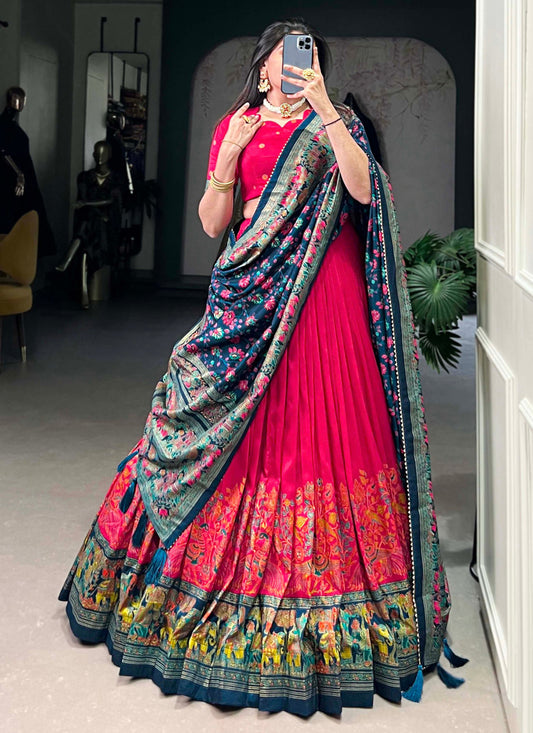 Pink Tussar Silk Printed Navratri Special Chaniya Choli
