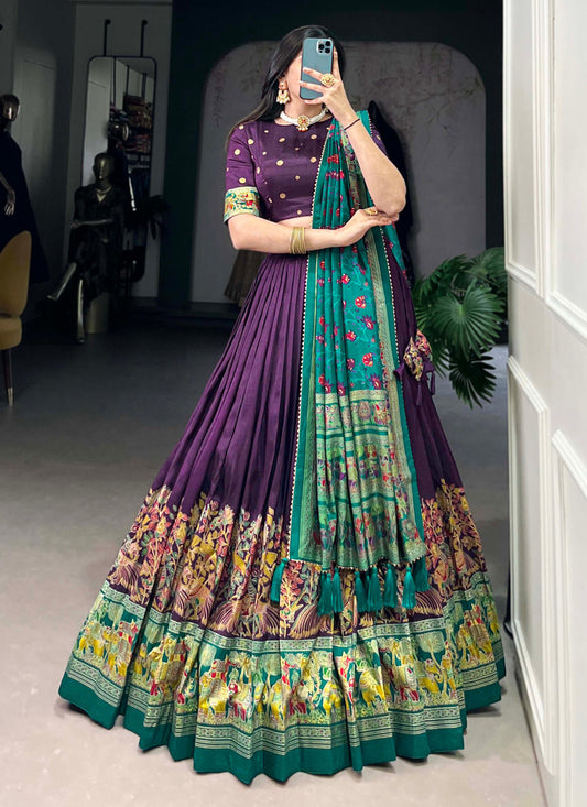 Purple Tussar Silk Printed Navratri Special Chaniya Choli