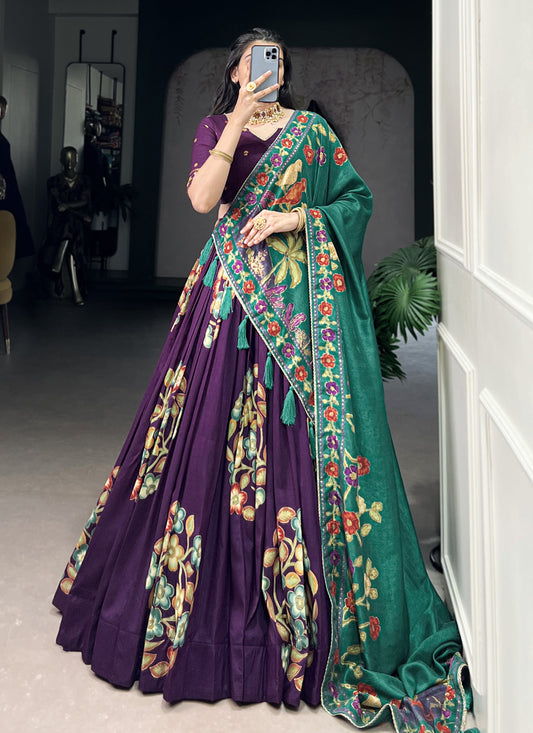 Purple Tussar Silk Printed Navratri Special Chaniya Choli