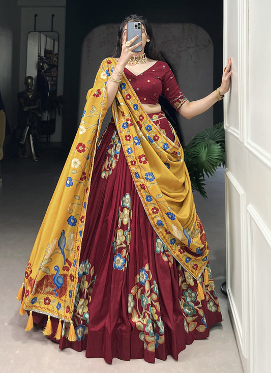 Maroon Tussar Silk Printed Navratri Special Chaniya Choli