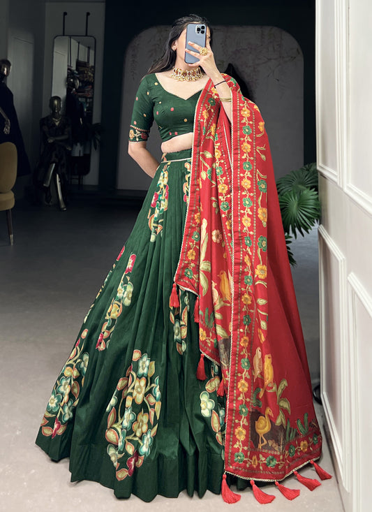 Green Tussar Silk Printed Navratri Special Chaniya Choli