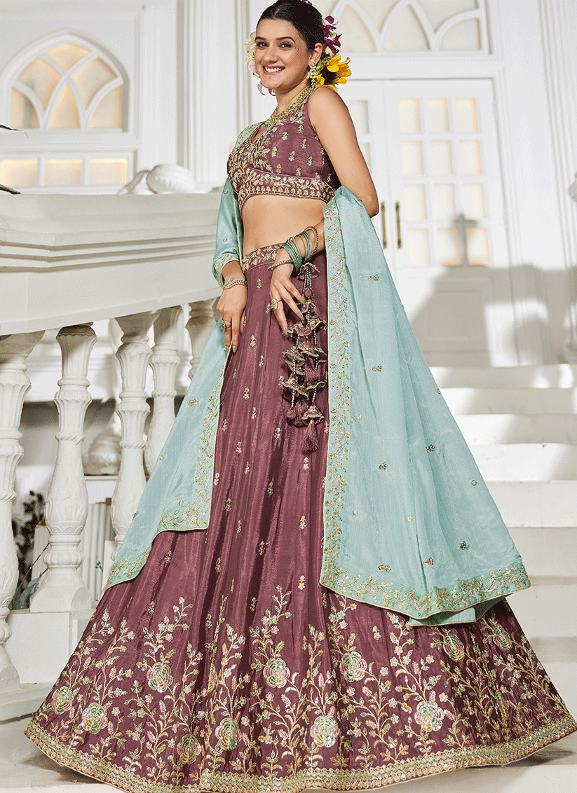 Rose Taupe Chiffon Embroidered Wedding Lehenga Choli