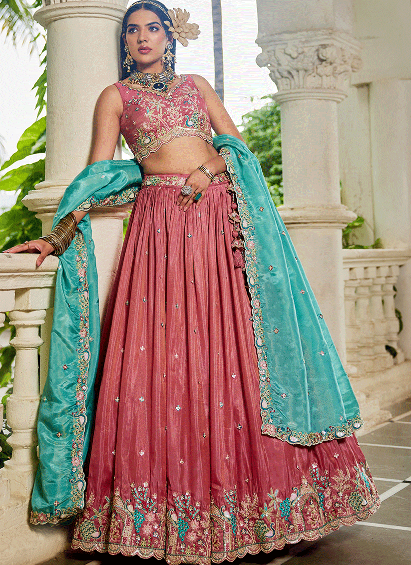 Salmon Pink Satin Embroidered Designer Lehenga Choli