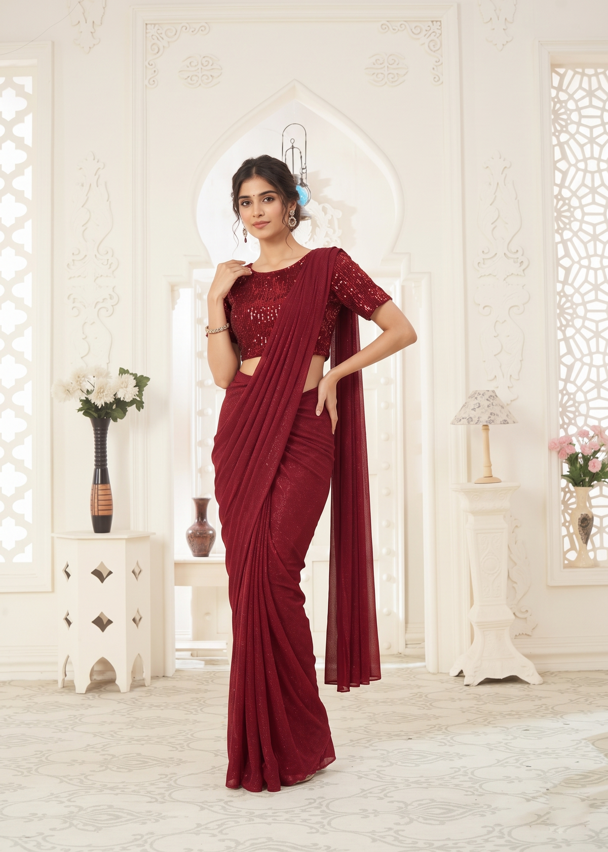 Maroon festive wear drape saree