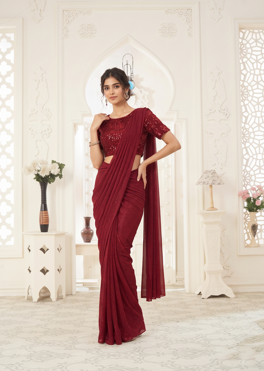 Maroon festive wear drape saree