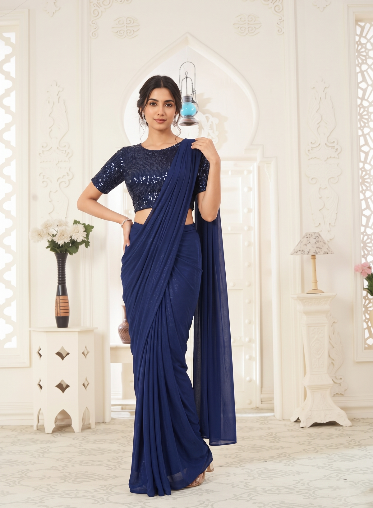 Navy blue festive wear drape saree