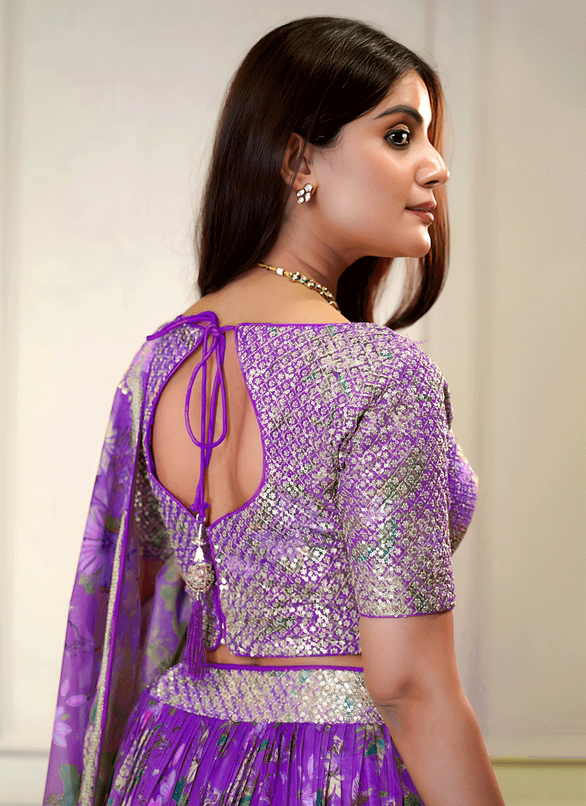 Lavender Purple Floral Digital-Print Embroidered & Sequins Designer Lehenga Choli for Weddings