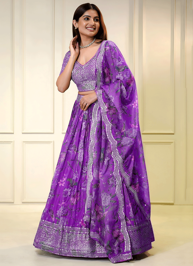 Lavender Purple Floral Digital-Print Embroidered & Sequins Designer Lehenga Choli for Weddings