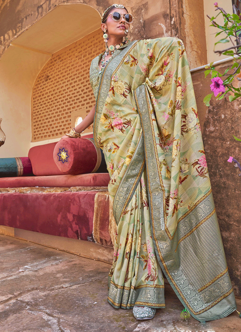 Pastel Green Floral Printed Designer Silk Saree