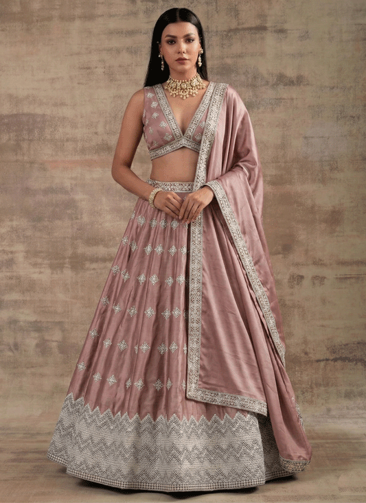 Peach Pink Premium Satin Silk Wedding Lehenga with Sequin Embroidery