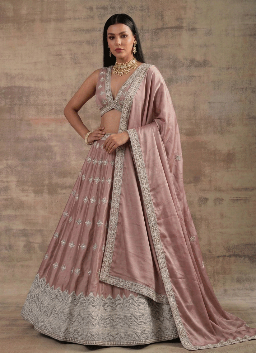 Peach Pink Premium Satin Silk Wedding Lehenga with Sequin Embroidery