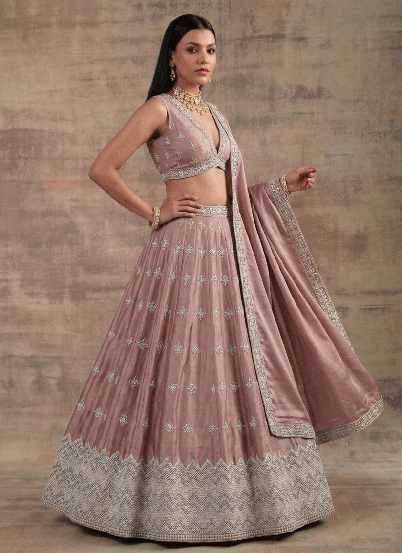 Peach Pink Premium Satin Silk Wedding Lehenga with Sequin Embroidery