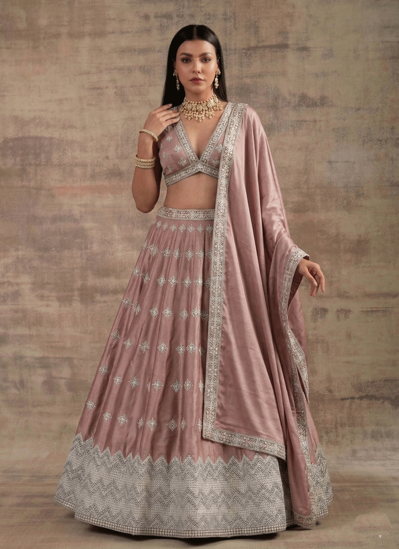 Peach Pink Premium Satin Silk Wedding Lehenga with Sequin Embroidery