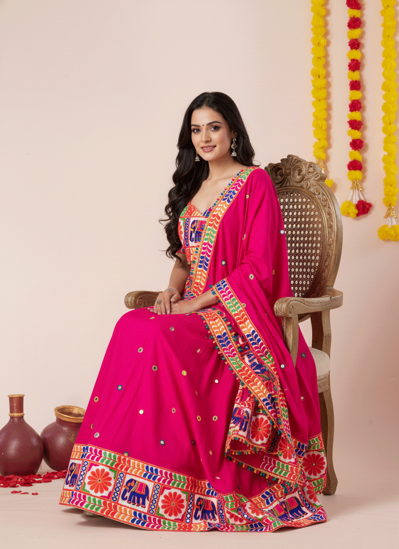 Rani Pink Navratri Special Embroidered Mirror Work Chaniya Choli