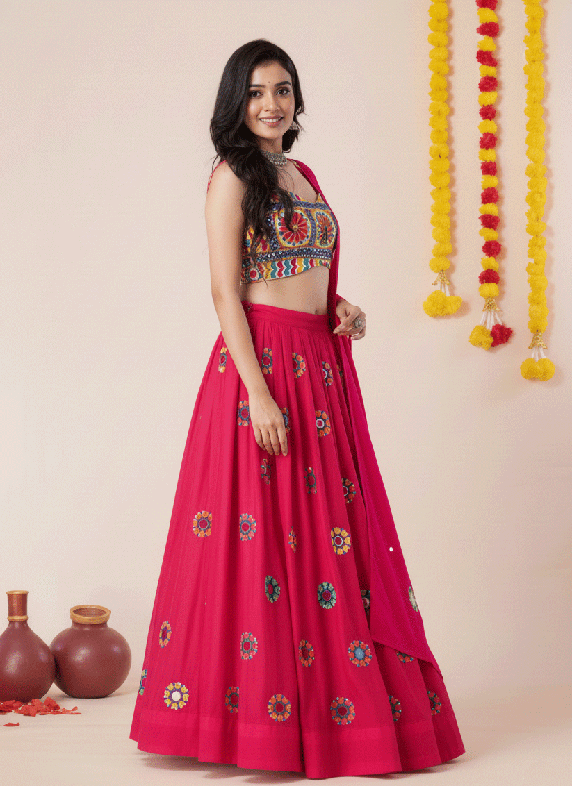 Premium Hot Pink Rayon Chaniya Choli for Garba & Navratri