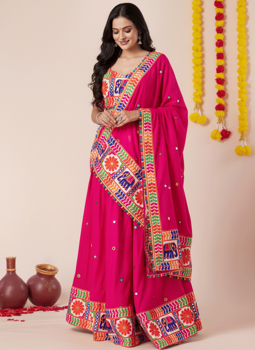 Rani Pink Navratri Special Embroidered Mirror Work Chaniya Choli