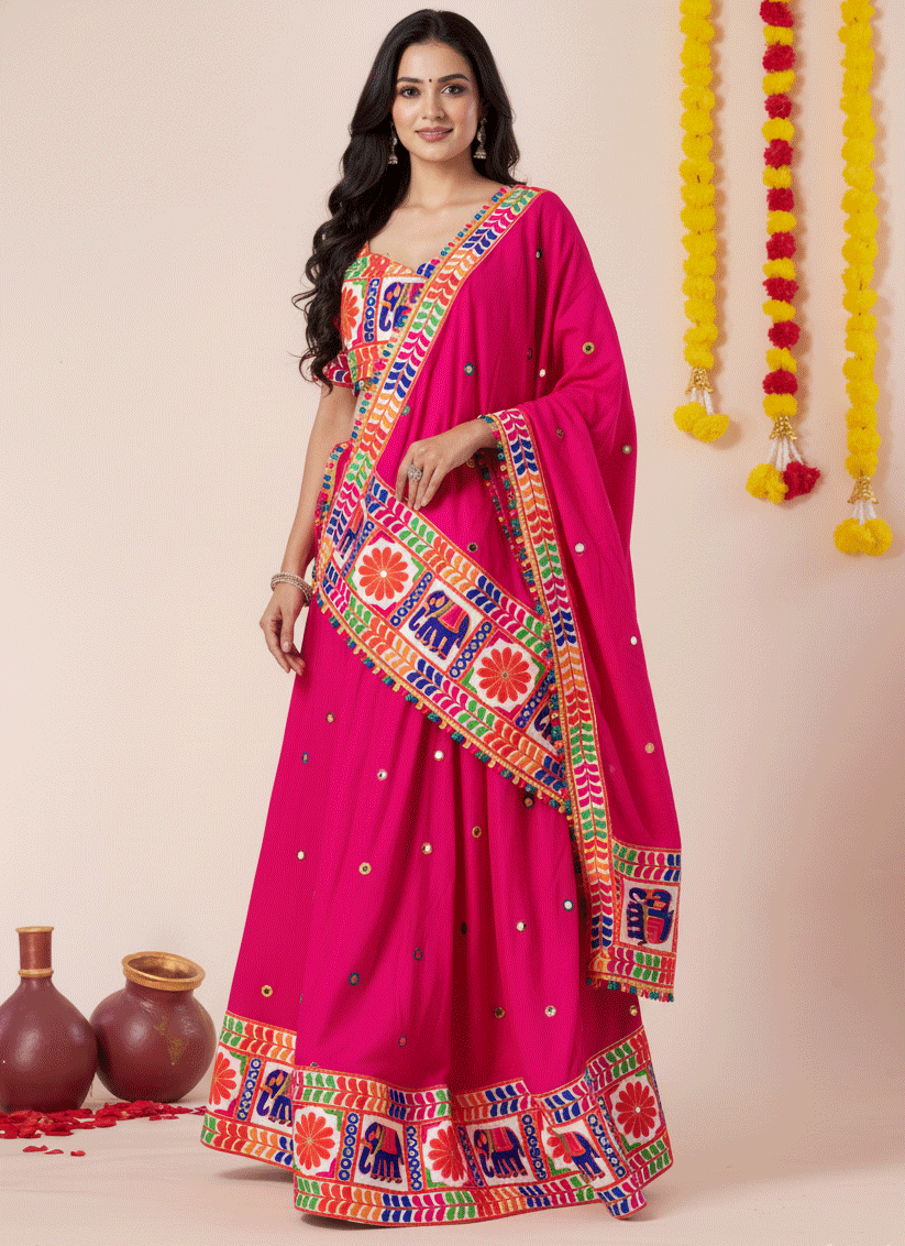 Rani Pink Navratri Special Embroidered Mirror Work Chaniya Choli