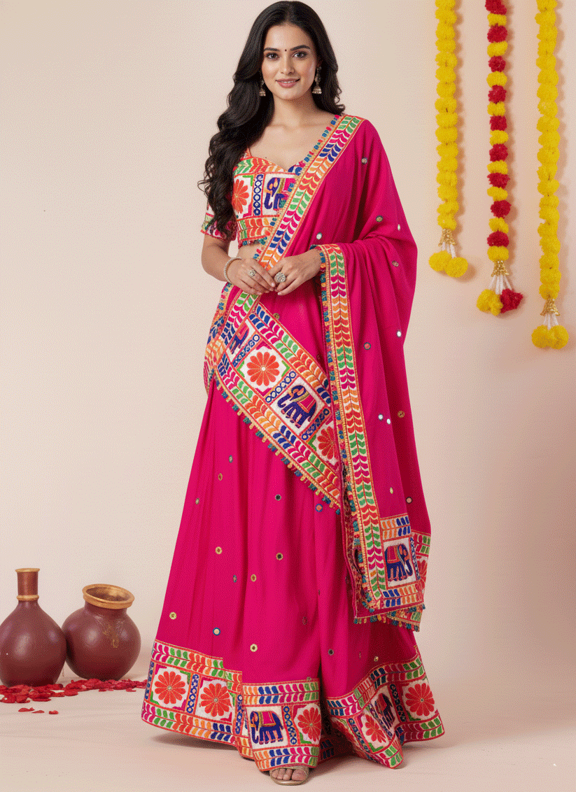 Rani Pink Navratri Special Embroidered Mirror Work Chaniya Choli