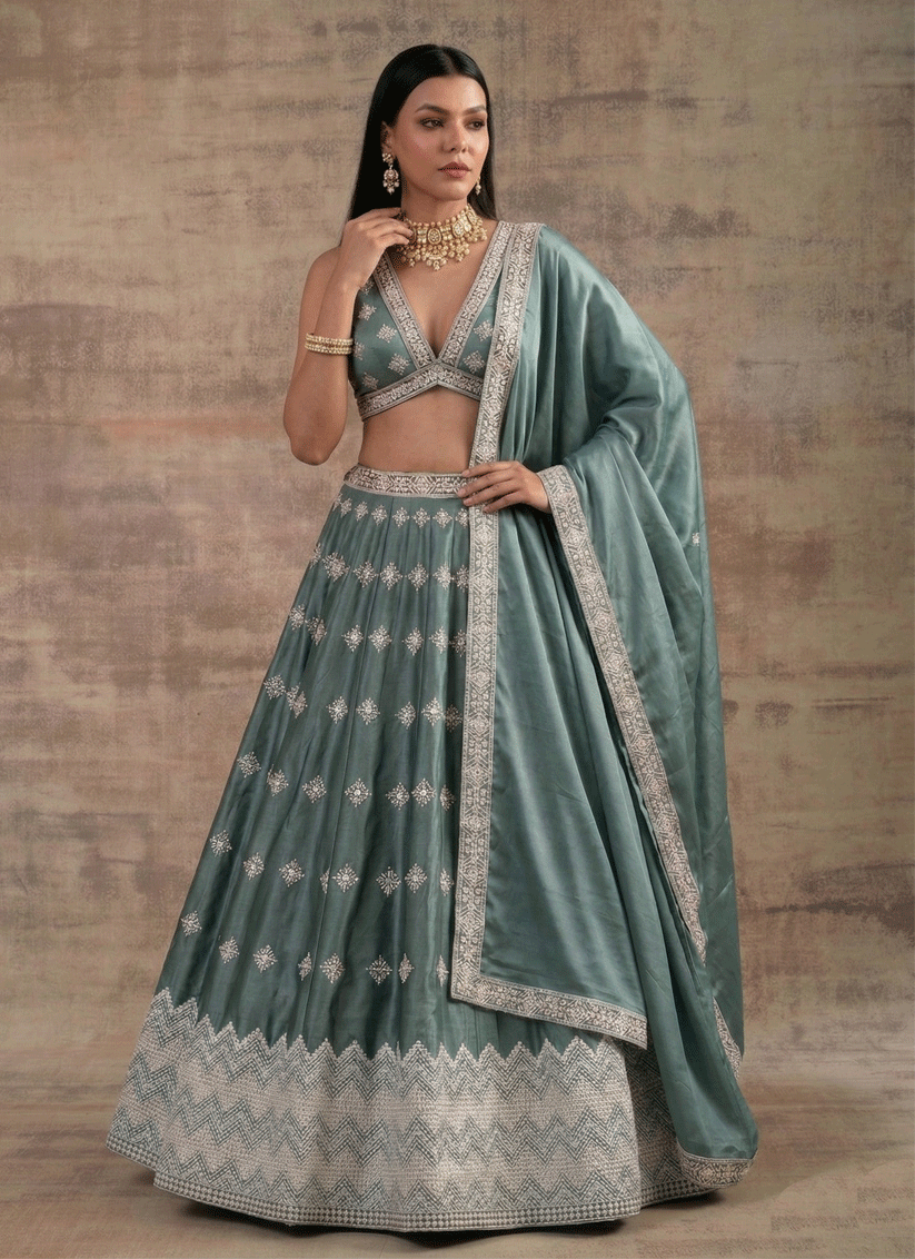Pista Aqua Premium Satin Silk Designer Lehenga for Festive Celebrations