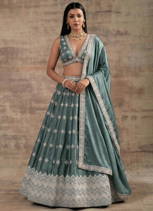 Pista Aqua Premium Satin Silk Designer Lehenga for Festive Celebrations