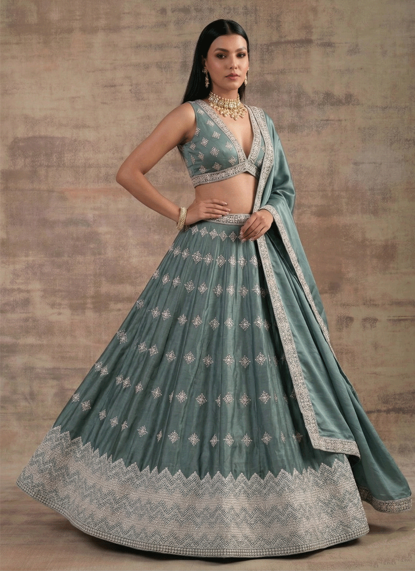 Pista Aqua Premium Satin Silk Designer Lehenga for Festive Celebrations