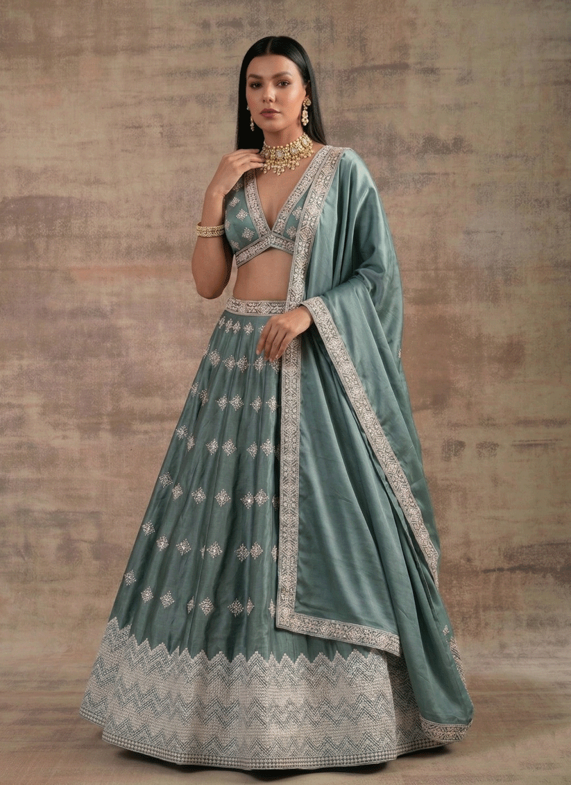 Pista Aqua Premium Satin Silk Designer Lehenga for Festive Celebrations