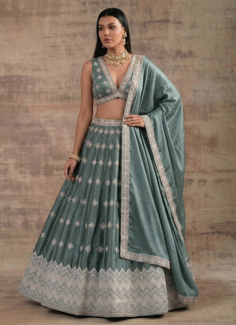 Pista Aqua Premium Satin Silk Designer Lehenga for Festive Celebrations