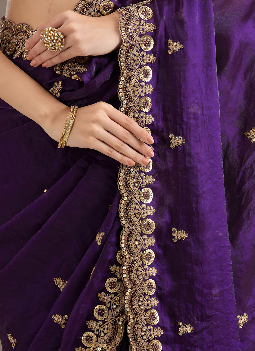 Purple Designer Tissue Saree with Embroidery and Sequin Work