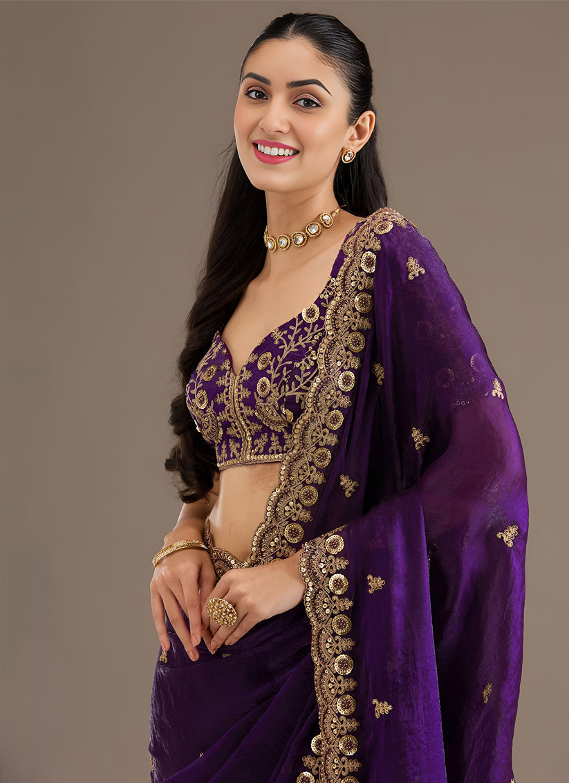 Purple Designer Tissue Saree with Embroidery and Sequin Work