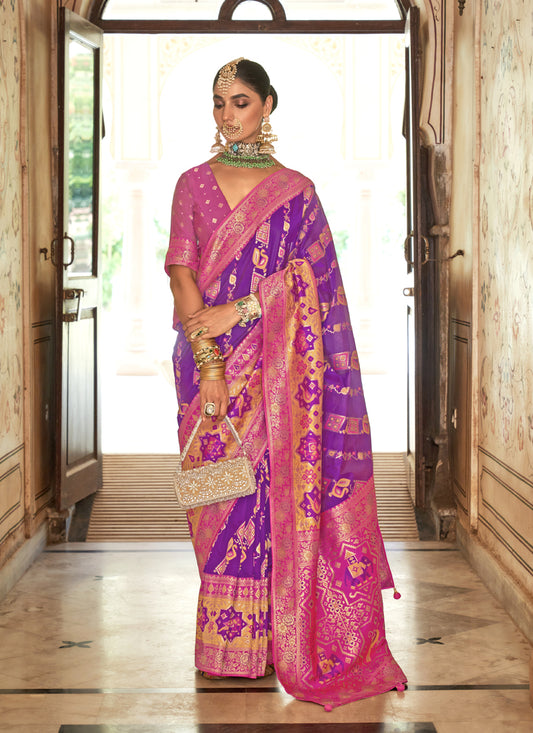 Magenta Silk Banarasi Brocade Woven Wedding Saree