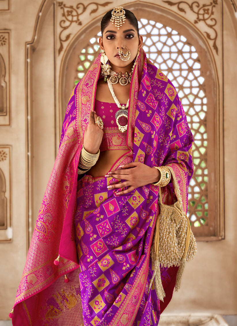 Magenta Silk Banarasi Brocade Woven Wedding Saree