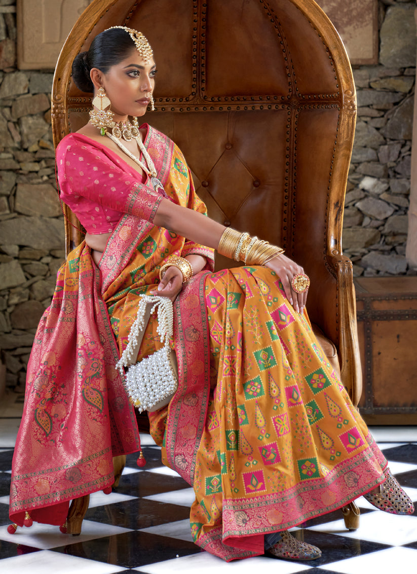 Golden Yellow Silk Banarasi Brocade Woven Wedding Saree