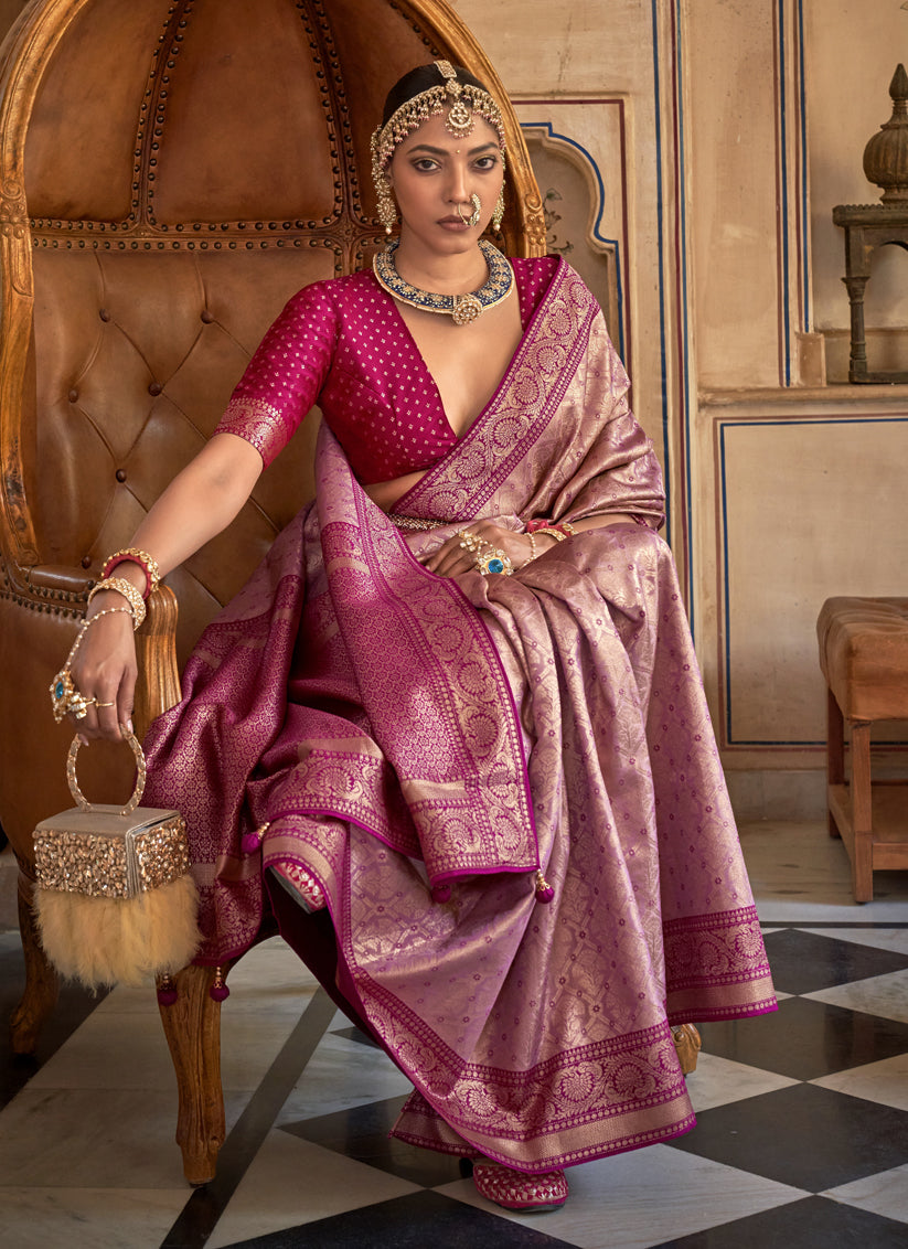 Wine Silk Banarasi Brocade Zari Woven Saree