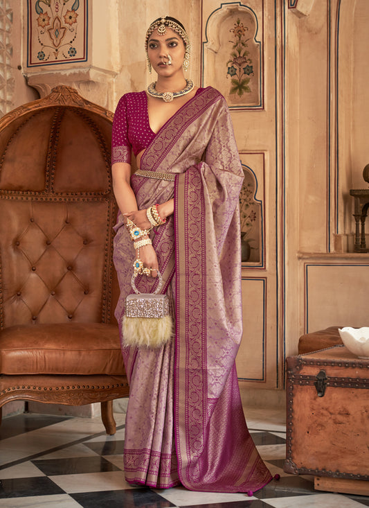 Wine Silk Banarasi Brocade Zari Woven Saree