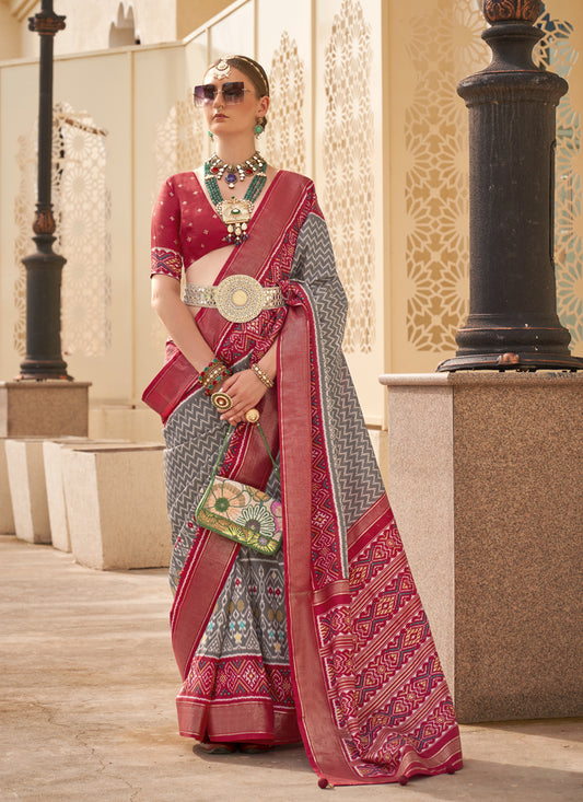 Grey Silk Digital Printed Saree