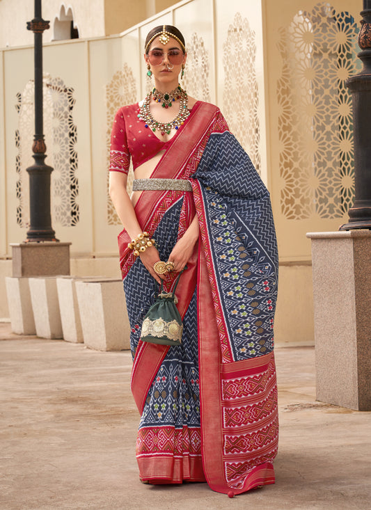 Navy Blue Silk Digital Printed Saree