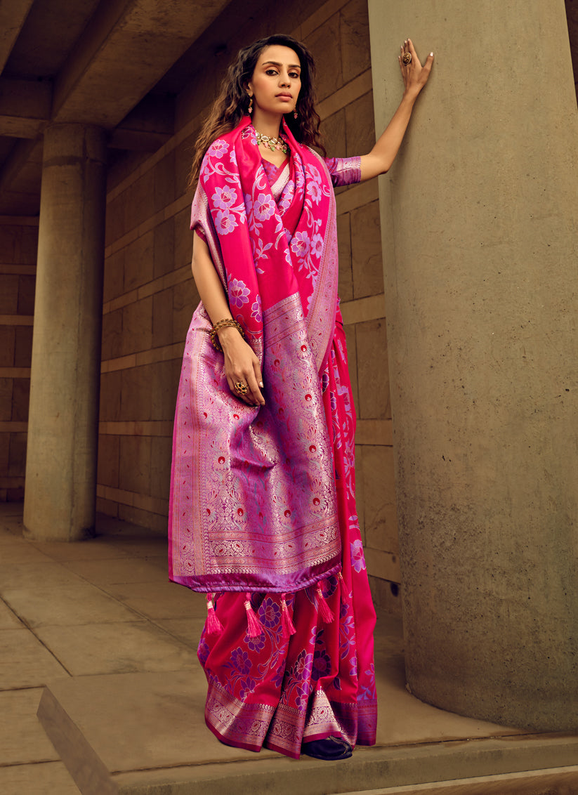 Hot Pink Satin Brasso Zari Woven Saree