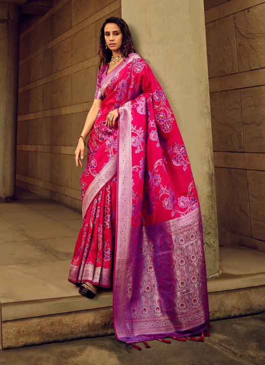 Hot Pink Satin Brasso Zari Woven Saree