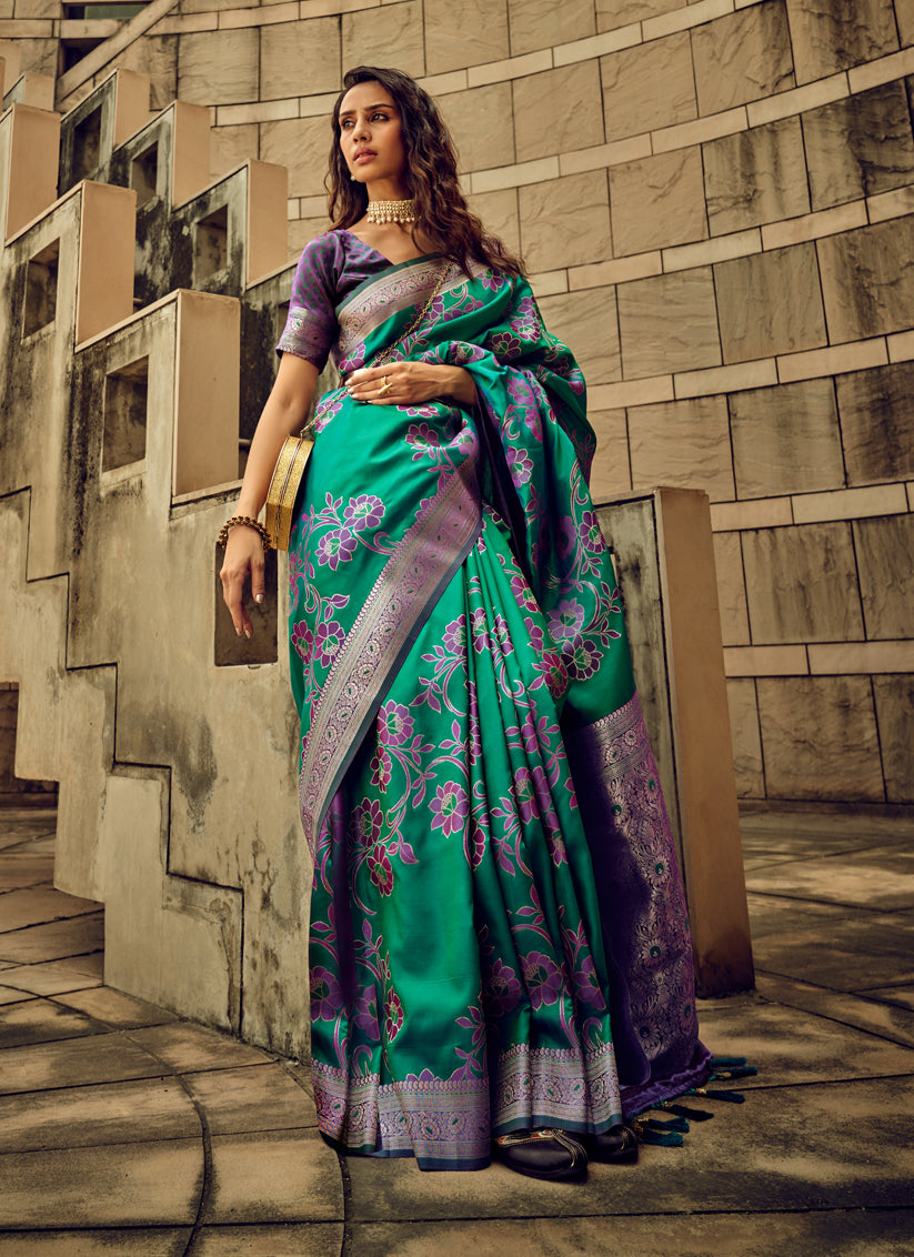 Rama Green Satin Brasso Zari Woven Saree