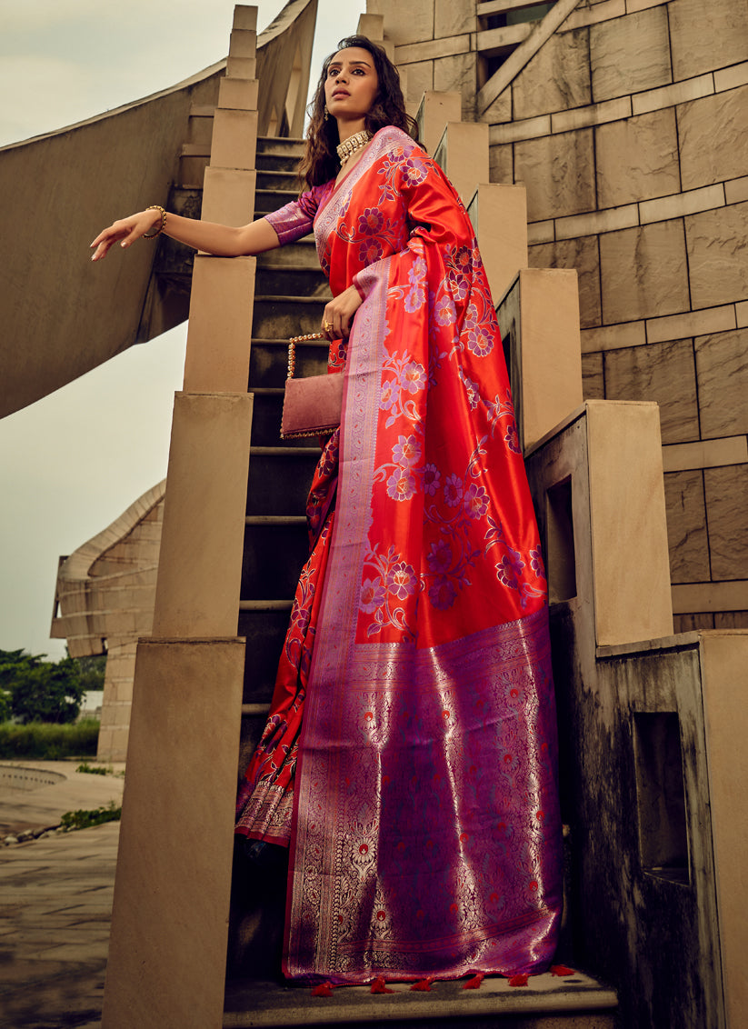 Coral Red Satin Brasso Zari Woven Saree