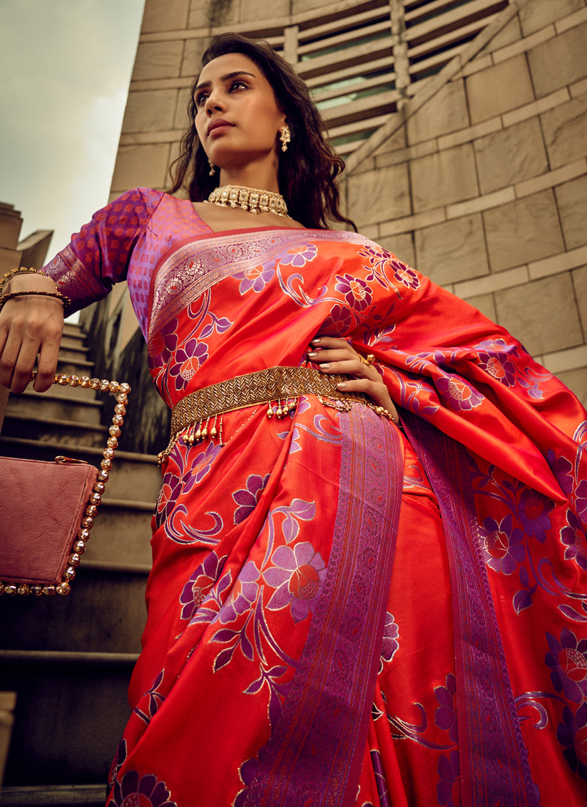 Coral Red Satin Brasso Zari Woven Saree