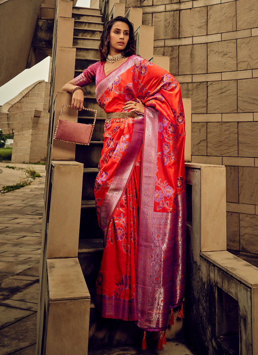 Coral Red Satin Brasso Zari Woven Saree