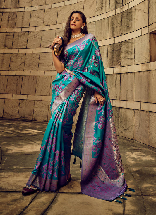 Morpich Satin Brasso Zari Woven Saree