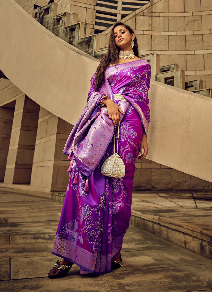 Purple Satin Brasso Zari Woven Saree