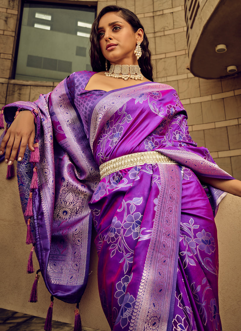 Purple Satin Brasso Zari Woven Saree