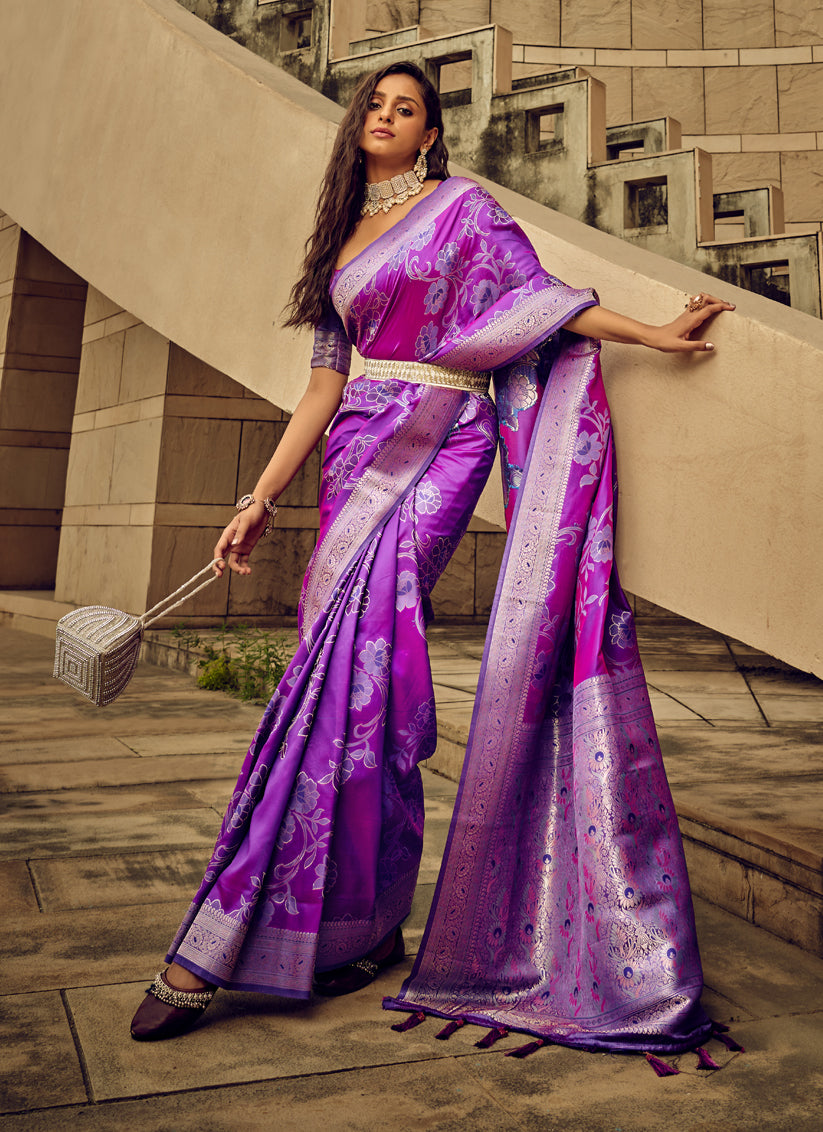 Purple Satin Brasso Zari Woven Saree