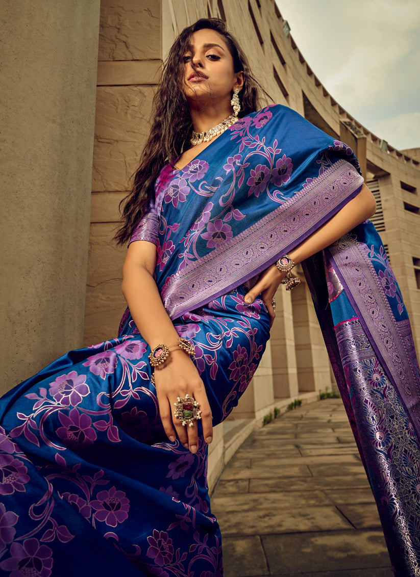 Indigo Blue Satin Brasso Zari Woven Saree